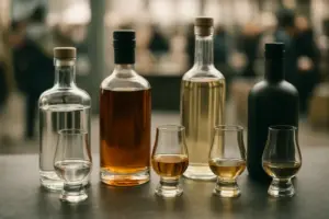 Flasker med gin, whisky og akvavit samt små smagsglas på en mørk disk til spiritusfestival