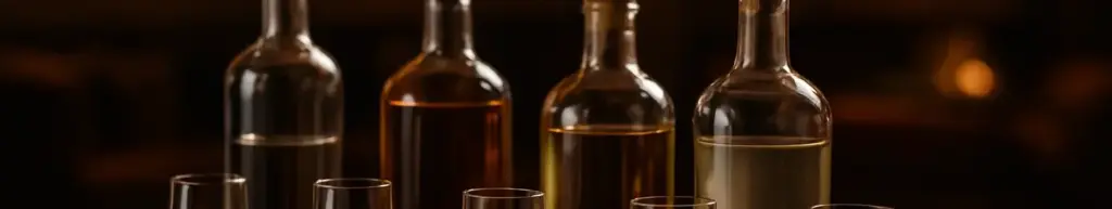 Flasker med gin, whisky og akvavit samt små smagsglas på en mørk disk til spiritusfestival