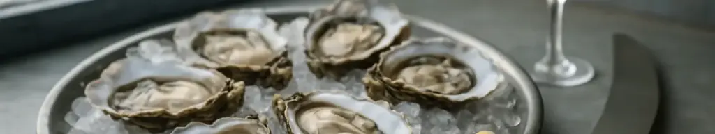 Friske østers på knust is med østerskniv, champagnesabel og et glas champagne ved siden af