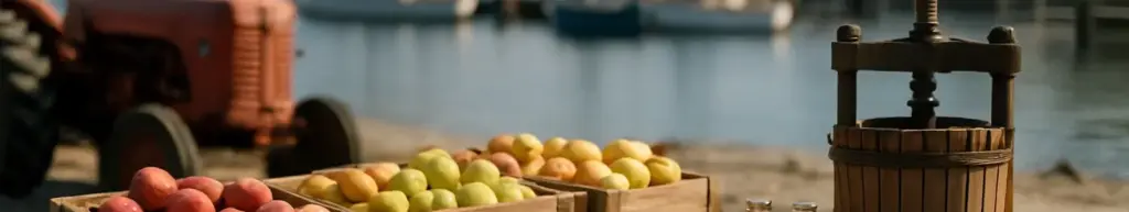 Kasser med forskellige æblesorter, en mostpresse og flasker med most på en havn en efterårsdag