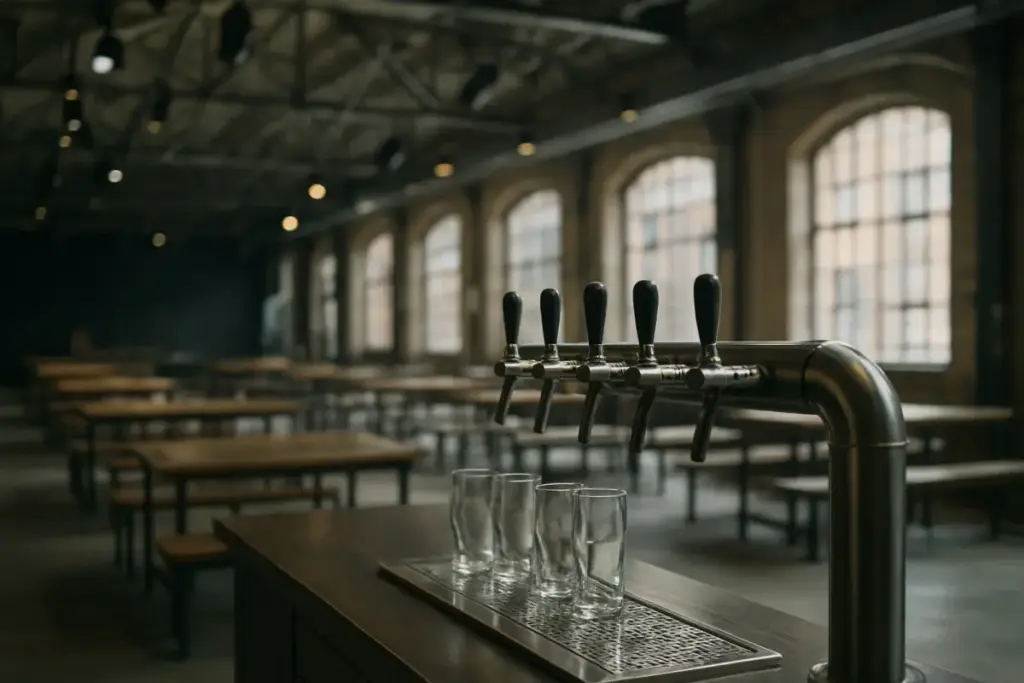 Bryggeribarer med fadølshaner og ølglas i en stor industrihal med stållofter og scenelys