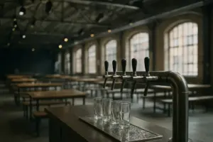 Bryggeribarer med fadølshaner og ølglas i en stor industrihal med stållofter og scenelys