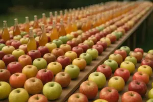 Lange borde med over hundrede forskellige æblesorter i rækker og flasker med cider ved siden af