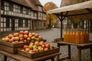 Markedsboder med æbler og flasker med most i en brostensgade med bindingsværkshuse en oktoberdag