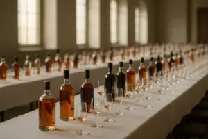 Lange borde med flasker med rom, whisky, portvin og cognac samt rækker af smagsglas i en hal