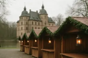 Julemarkedsboder med grangirlander og lanterner i slotsparken ved et renæssanceslot med voldgrav