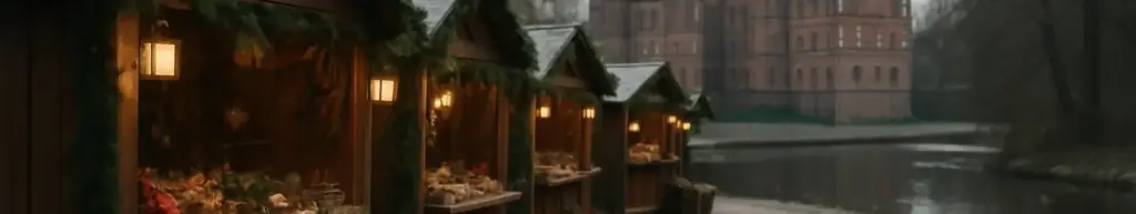 Julemarkedsboder med grangirlander og lanterner i slotsparken ved et renæssanceslot med voldgrav