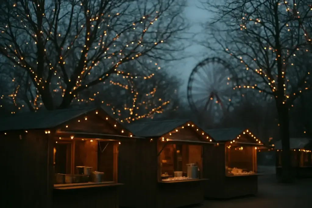 Julelys i træer og boder med gløgg og æbleskiver i en forlystelseshave en mørk vinteraften