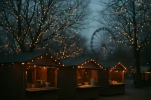 Julelys i træer og boder med gløgg og æbleskiver i en forlystelseshave en mørk vinteraften