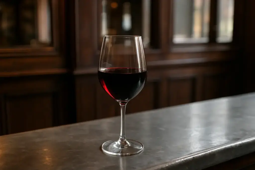 Glas med ung, purpurrød vin på en zinkdisk i en vinbar med mørkt træ og spejle