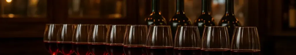 Glas med ung, purpurrød vin på en zinkdisk i en vinbar med mørkt træ og spejle