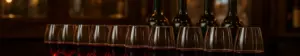 Glas med ung, purpurrød vin på en zinkdisk i en vinbar med mørkt træ og spejle