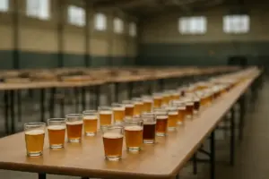 Smageglas med øl på lange borde i en arenahal indrettet til ølfestival i november