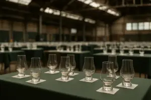 Glencairn-glas med whisky på udstillerborde i en arenahal under Whiskymessen i Kolding