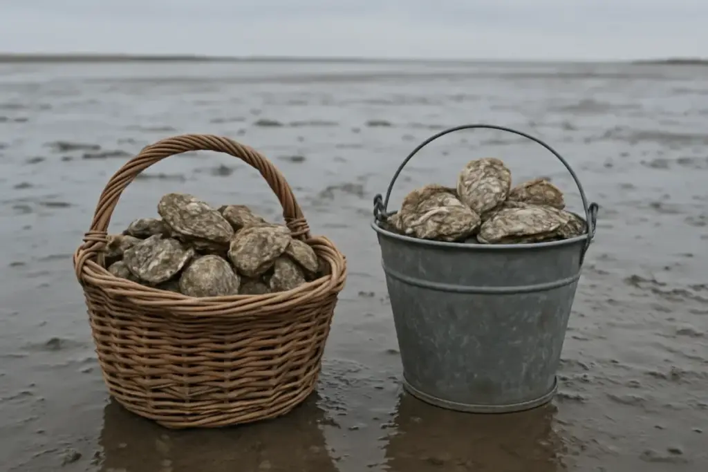 Nyopsamlede østers i kurv og spand på vaden i Vadehavet ved Ribe