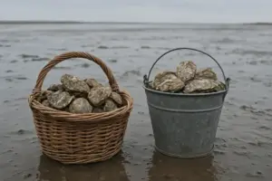 Nyopsamlede østers i kurv og spand på vaden i Vadehavet ved Ribe