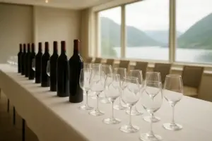Vinflasker og smagsglas på et langbord til vinmesse i en hotelsal ved fjorden