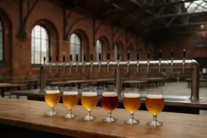 Smageglas og fadølshaner i en gammel murstenshal indrettet til ølfestival i København