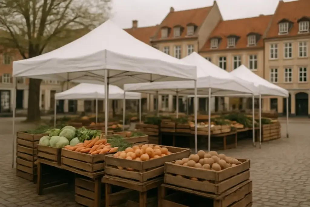 Markedstelte og råvarekasser på en bytorv til madfestival i maj
