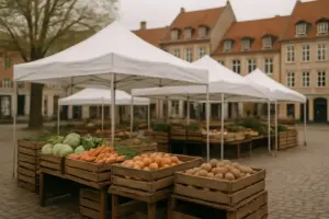 Markedstelte og råvarekasser på en bytorv til madfestival i maj