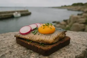 Røget sild på rugbrød med rå æggeblomme på en bornholmsk havnekaj i juni