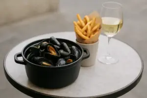 Gryde med dampede blåmuslinger, pommes frites og et glas hvidvin på et bistrobord