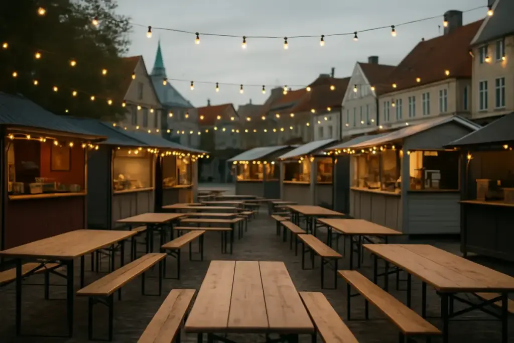Madboder og langborde med lyskæder på en bytorv til streetfoodfestival i skumringen