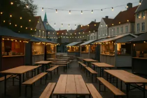 Madboder og langborde med lyskæder på en bytorv til streetfoodfestival i skumringen