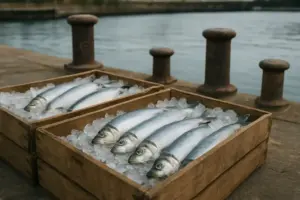 Friske sild på is på kajen ved en limfjordshavn i august