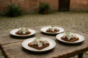 Små tallerkener med marinerede sild på rugbrød i en brolagt gårdhave