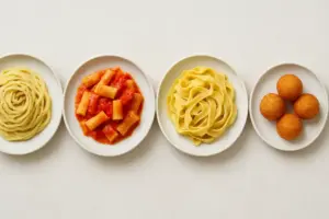 Romerske pastaretter og friturestegte risboller side om side, set ovenfra