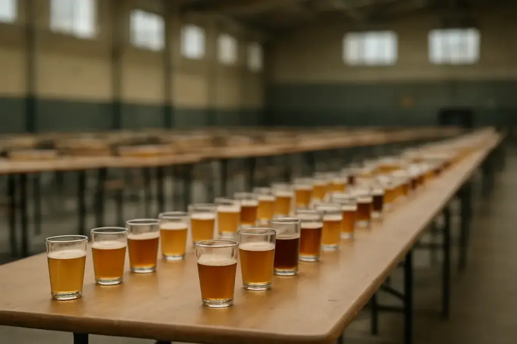 Smageglas med øl på lange borde i en arenahal indrettet til ølfestival i november