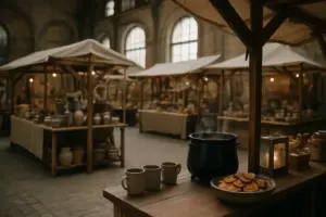 Boder med keramik og kunsthåndværk samt en café med gløgg og æbleskiver i en høj ridehal