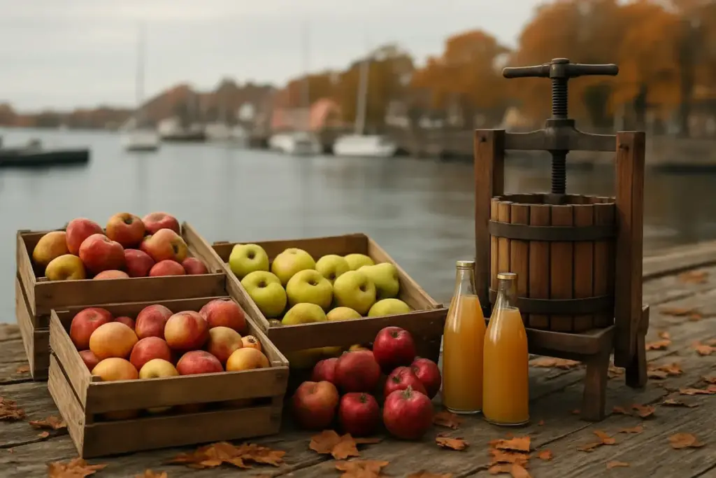 Kasser med forskellige æblesorter, en mostpresse og flasker med most på en havn en efterårsdag