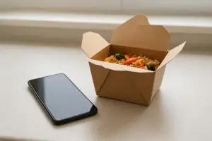 Telefon ved siden af en takeaway-æske med overskudsmad