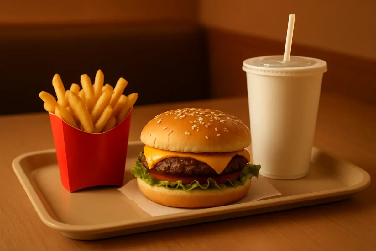 Bakke med burger, pommes frites og sodavand