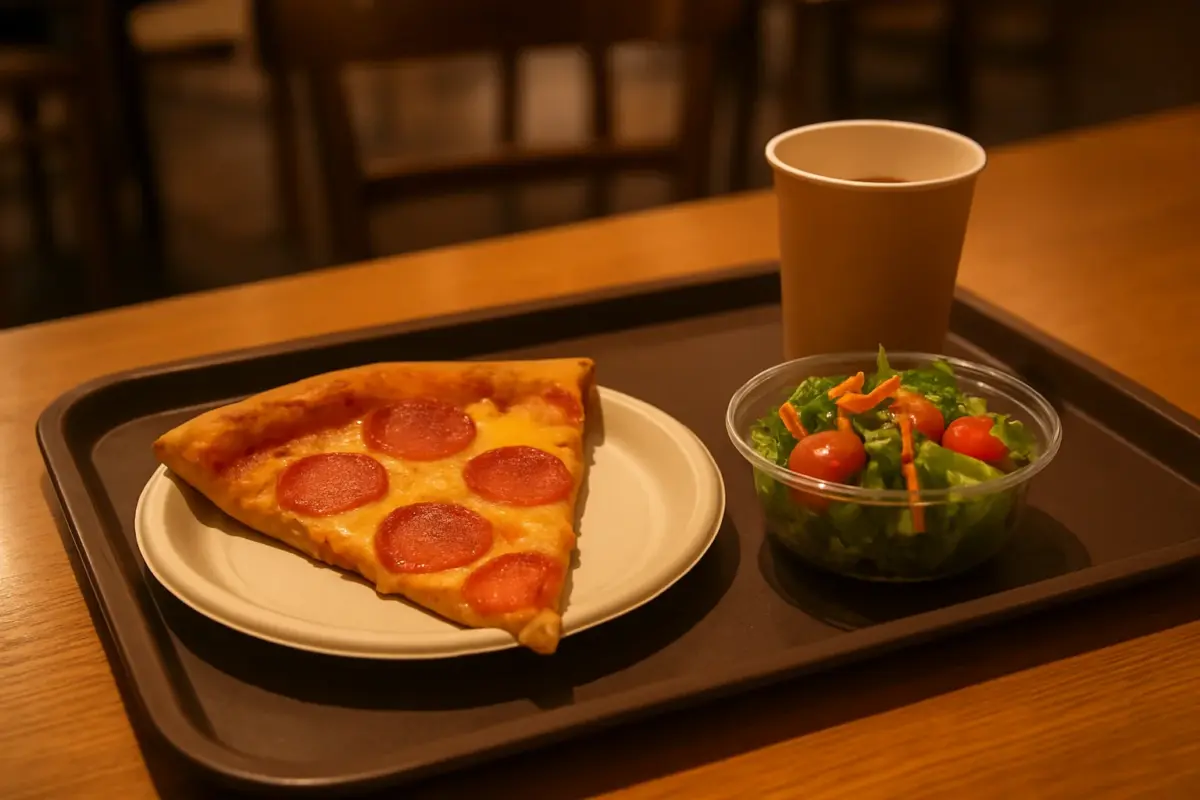 Bakke med et stykke pizza, en kop og en lille salat