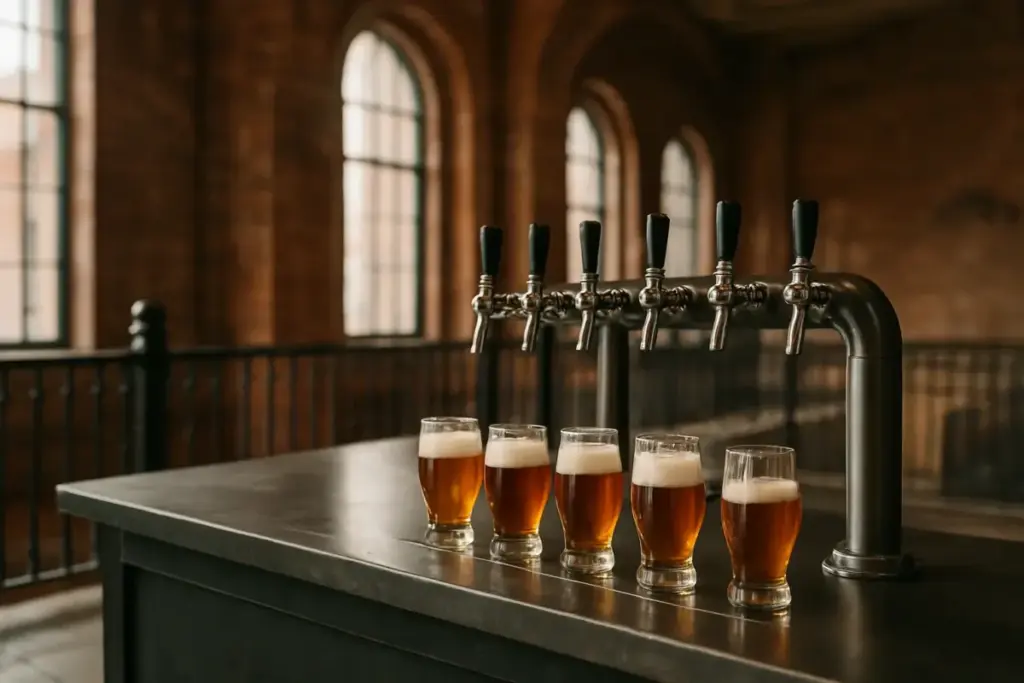 Bryggeristande med fadølshaner og smagsglas i en gammel murstenshal med jerngelændere