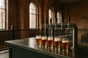 Bryggeristande med fadølshaner og smagsglas i en gammel murstenshal med jerngelændere