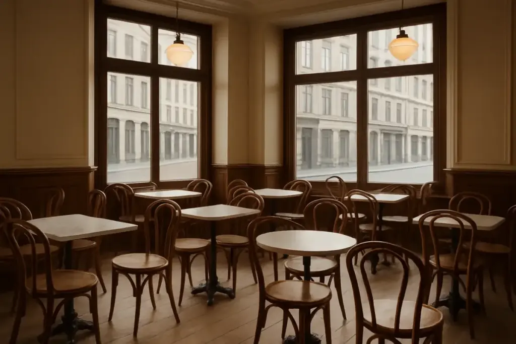 Klassisk københavnsk caféinteriør med bøjetræsstole og marmorborde