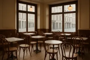 Klassisk københavnsk caféinteriør med bøjetræsstole og marmorborde