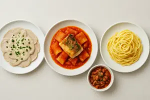 Italienske retter side om side: vitello tonnato, paccheri med tomat og en ragù med svampe, set ovenfra
