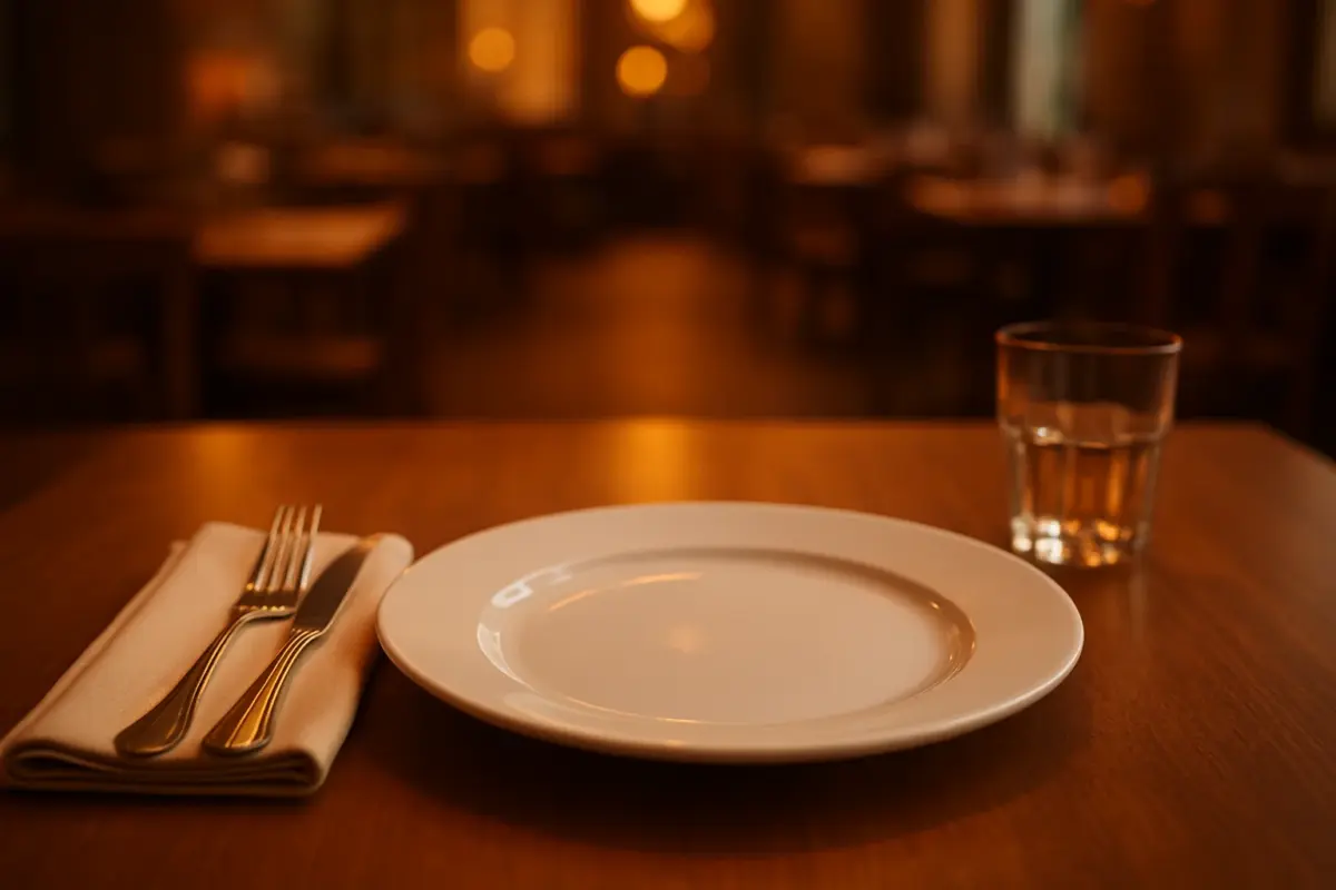 Dækket restaurantbord med tallerken, bestik, serviet og vandglas