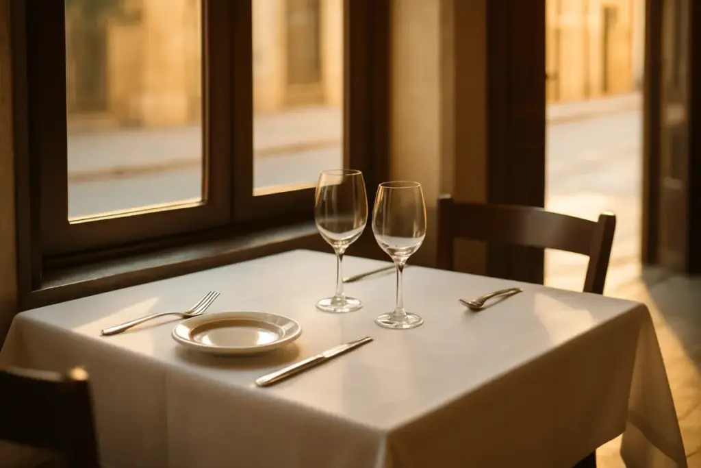 Dækket restaurantbord ved et vindue i morgenlys med en åben dør ud til gaden i baggrunden