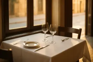 Dækket restaurantbord ved et vindue i morgenlys med en åben dør ud til gaden i baggrunden