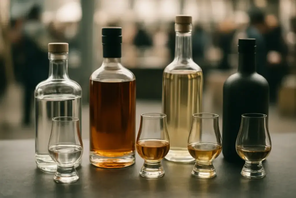 Flasker med gin, whisky og akvavit samt små smagsglas på en mørk disk til spiritusfestival