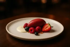 Anrettet dessert på hvid tallerken med friske bær, sorbet og cremet fond