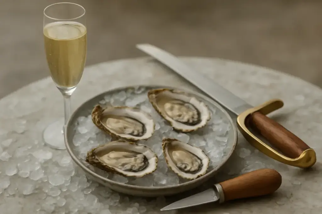 Friske østers på knust is med østerskniv, champagnesabel og et glas champagne ved siden af