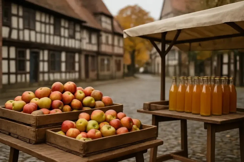 Markedsboder med æbler og flasker med most i en brostensgade med bindingsværkshuse en oktoberdag