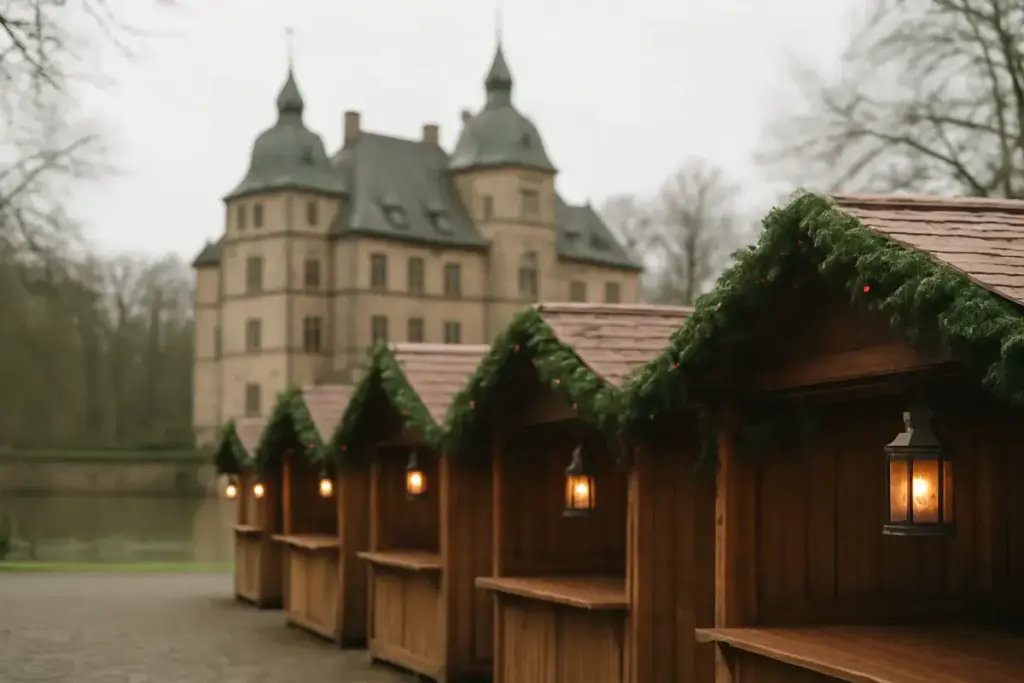 Julemarkedsboder med grangirlander og lanterner i slotsparken ved et renæssanceslot med voldgrav